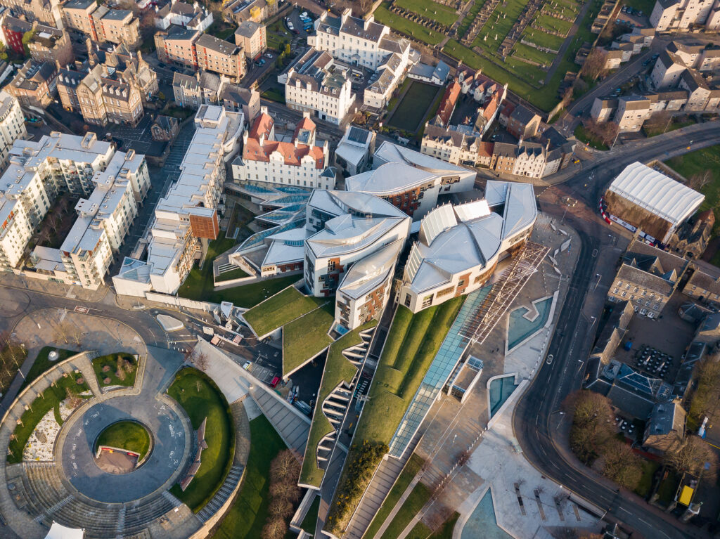 Aerial/Birds eye view of the Scottish Parliament building